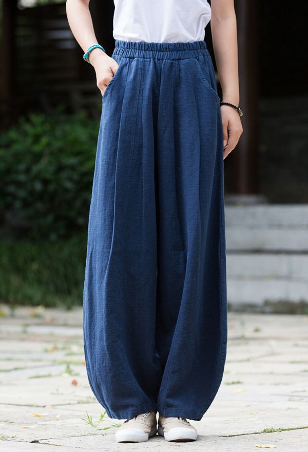 燕燕~棉麻商品~棉麻新款   苧麻棉   砂洗國風禪意復古顯瘦女式休閒褲燈籠褲 長褲 民俗風寬褲 