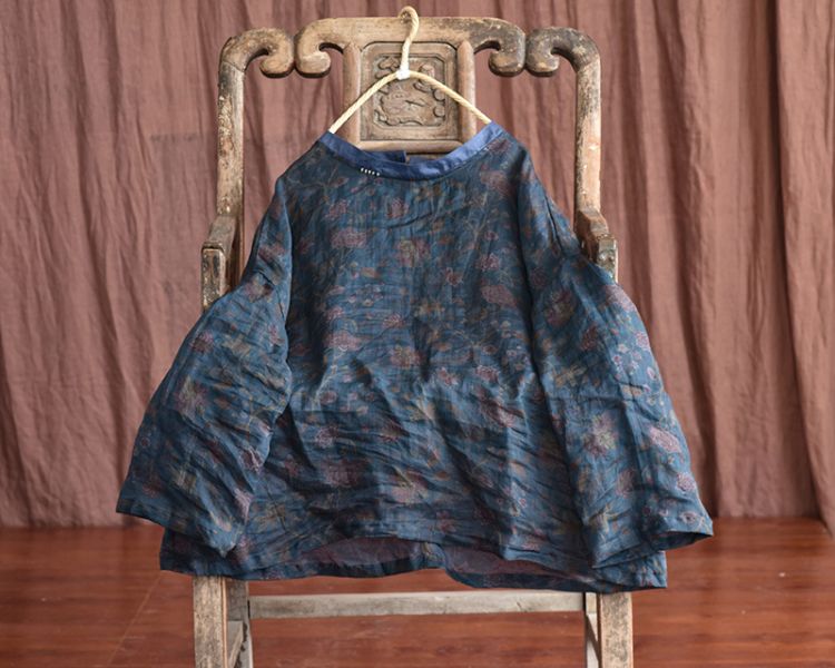 燕燕. 苧麻 撞色休閒輕薄上衣 復古寬鬆襯衫 長袖棉麻衫 