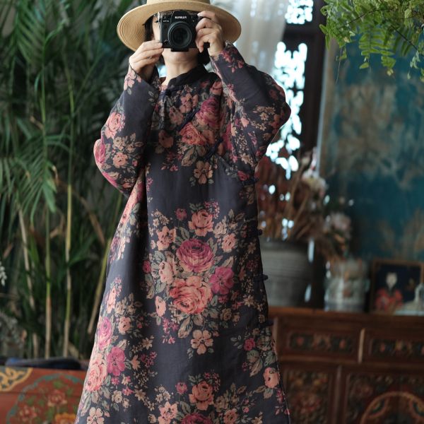 燕燕～文藝復古中式印花立領斜襟棉衣棉袍洋裝 連身裙  ab145901 