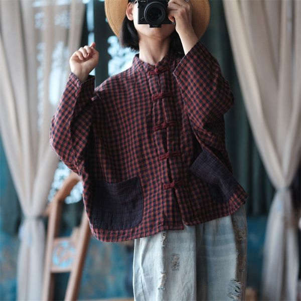 燕燕~棉麻商品~文藝復古民國風寬鬆小格小衫 襯衫 ab203301 