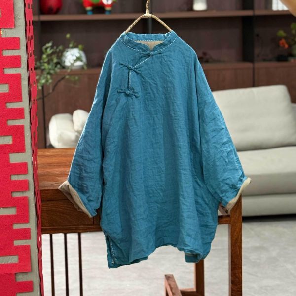 燕燕~夏季 復古盤扣亞麻女款立領 中長款寬鬆中式襯衫 