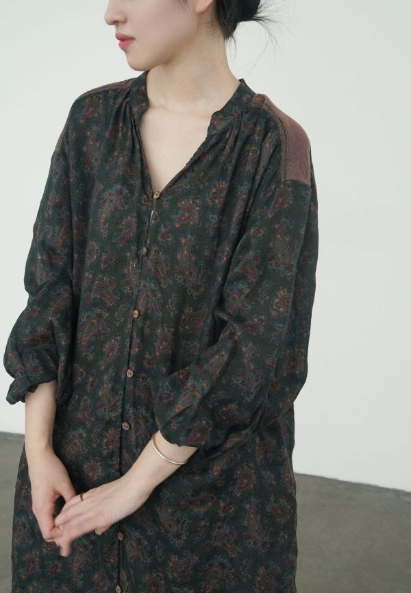 燕燕~棉麻商品~亞麻 數碼印花腰果中長襯衫 撞色長開衫 長袖棉麻衫 ab2303701 