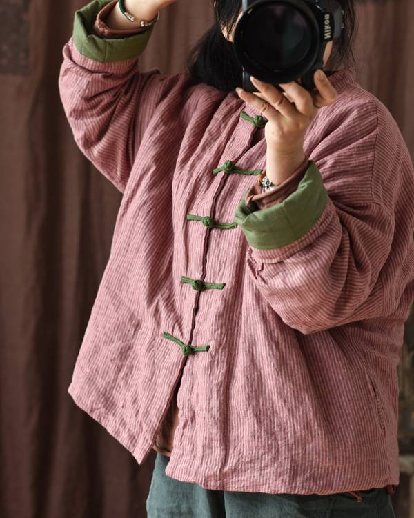 燕燕~棉麻商品~亞麻材質 色織條紋中式盤扣夾棉短棉衣外套 