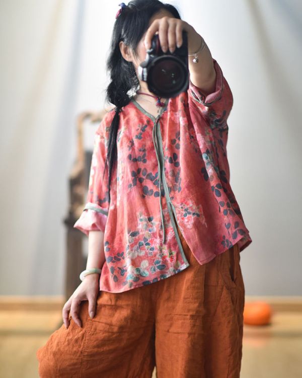 燕燕~春夏新品 復古國風印花長尾盤扣小衫 個性文藝小V領上衣 