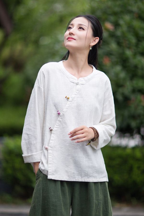 燕燕~秋季新款 禪意茶服苧麻長袖襯衫 復古斜襟盤扣上衣 