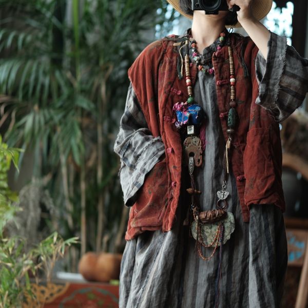 燕燕~復古文藝數位印花夾棉對襟棉背心 ab214401 