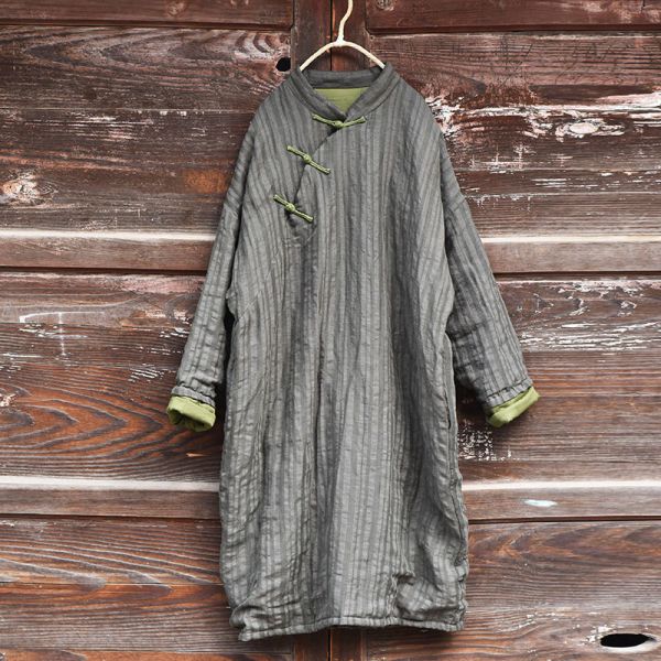 燕燕~秋款 條紋色織亞麻棉袍 復古斜襟盤扣寬鬆長棉衣手縫線棉服連身裙 洋裝 (此件商品不退換） 