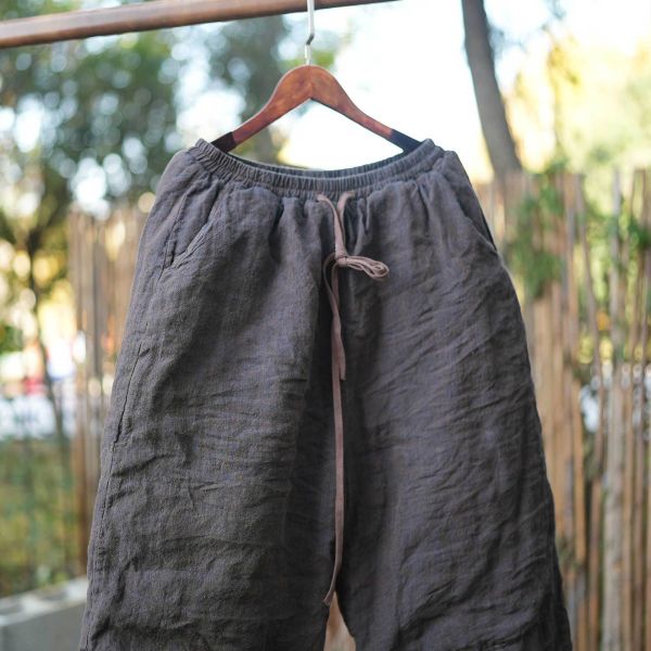 燕燕 冬季厚棉 色織亞麻布 高溫成衣水洗直筒棉褲 寬鬆休閒長褲 