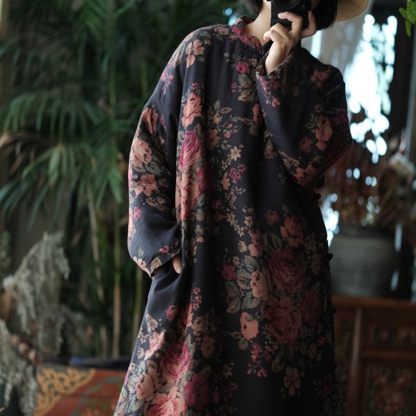 燕燕～文藝復古中式印花立領斜襟棉衣棉袍洋裝 連身裙  ab145901 