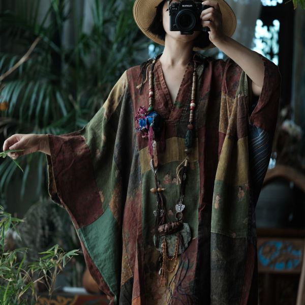 燕燕~寬鬆版型（此件商品不退換）~文藝復古棉麻襯衫裙 休閒寬鬆中袖V領連身裙袍子洋裝 ab221001 