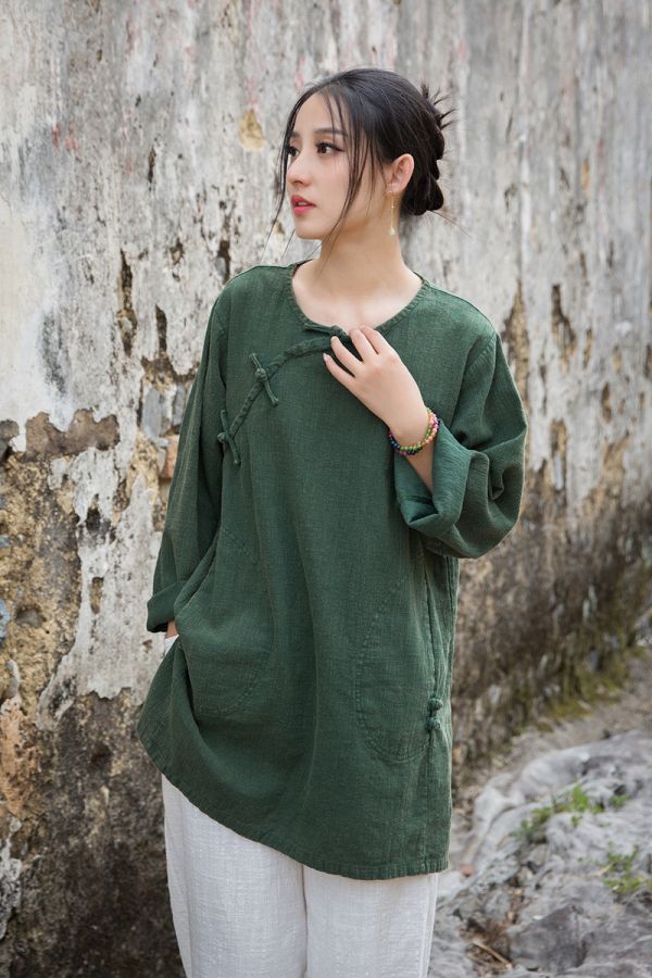 燕燕~夏季新款 莧麻炒色上衣改良大尺碼茶服個性文藝範女長T恤 