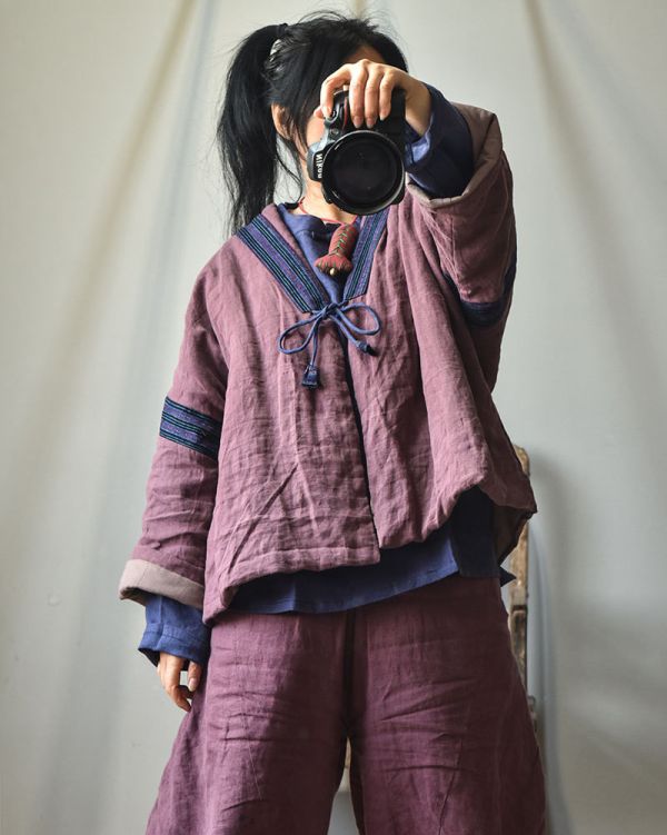 燕燕~秋冬款 亞麻短棉衣 復古老布料拼接繫帶開襟衫棉服外套 0 