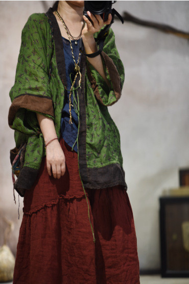 燕燕~夏季新品 苧麻印花休閒寬鬆款手工縫線開襟衫 防曬衫 外套 