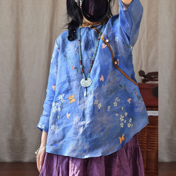 燕燕~棉麻商品~數碼印花苧麻材質 中式盤扣女式襯衫 七分袖棉麻衫 上衣 