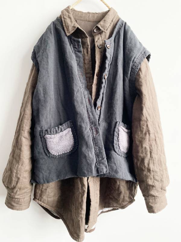 燕燕~亞麻材質 手織棉線口袋中長款開衫  夾棉背心棉麻杉 