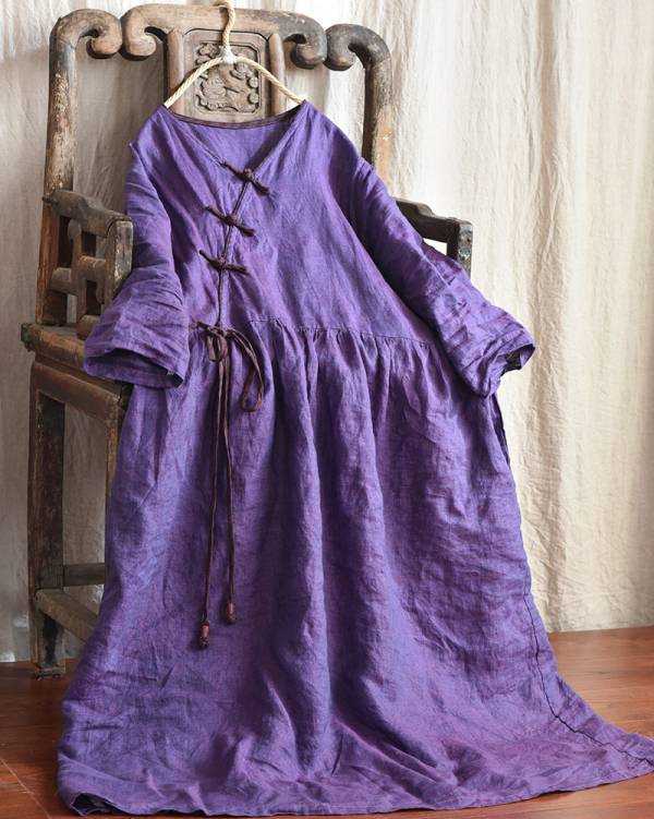 燕燕~棉麻商品~春夏秋新款 色織亞麻V領寬鬆繫帶盤扣洋裝 連身裙 