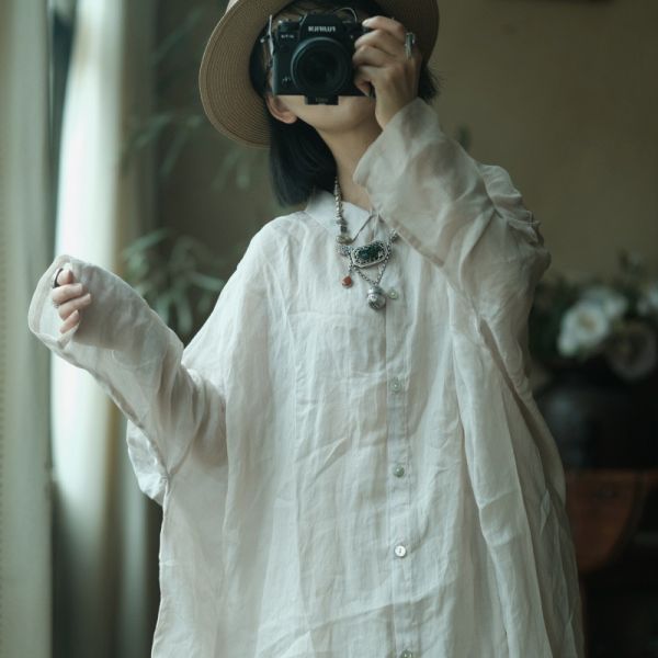 燕燕~水洗麻～寬鬆飄逸蝙蝠袖薄襯衫防曬上衣。ab196101（這件非常寬鬆喔） 