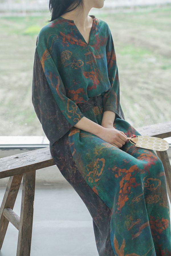 燕燕~棉麻商品~銅氨絲 東方香雲紗印花繭型長袍 寬鬆 洋裝 連身裙  ab2220001 (此款不退換） 