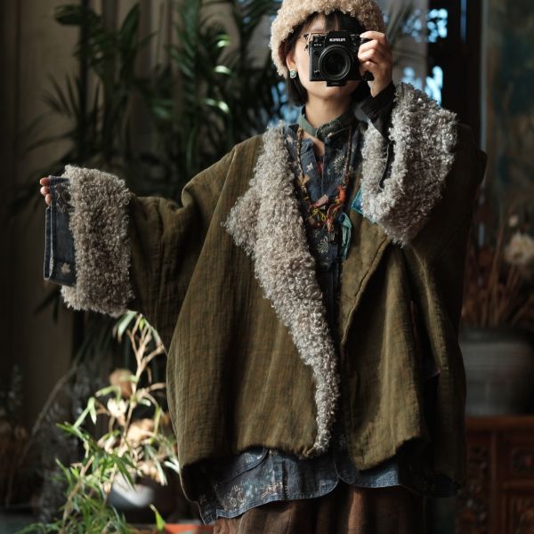 燕燕~秋冬新款 復古文藝羊捲毛翻領夾棉棉衣外套 ab227601 