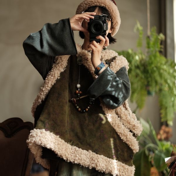 燕燕~復古燈芯絨斜襟盤扣羊捲毛夾棉背心。ab222401 