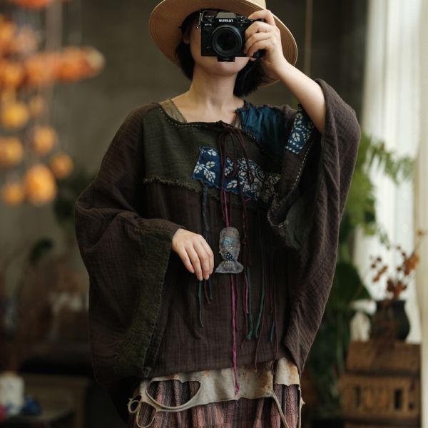 燕燕~復古棉麻貼布斜襟扣盤寬鬆百搭打底T恤 上衣 ab237301 