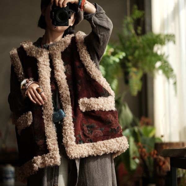 燕燕~復古燈芯絨羊捲毛大口袋夾棉加厚背心 ab222301 