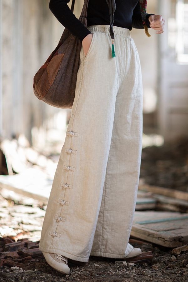 燕燕~秋冬新款 苧麻夾棉絎縫長褲 個性百搭保暖女款直筒棉褲 