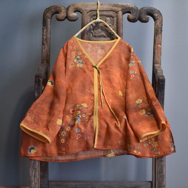 燕燕~春夏新品 復古國風印花長尾盤扣小衫 個性文藝小V領上衣 