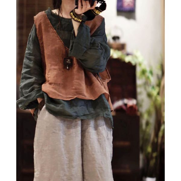 燕燕棉麻～藝術復古亞麻手縫線跡V領套頭寬鬆輕薄背心 