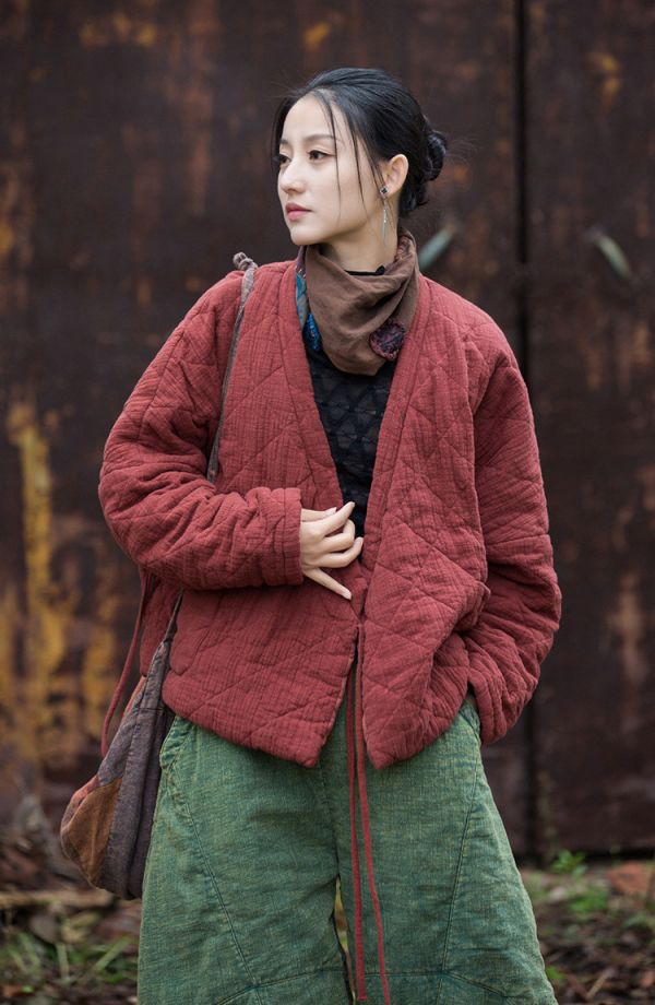 燕燕~秋冬新款  夾棉絎縫保暖棉服文藝隨性禪意風菱格女式短棉衣外套 