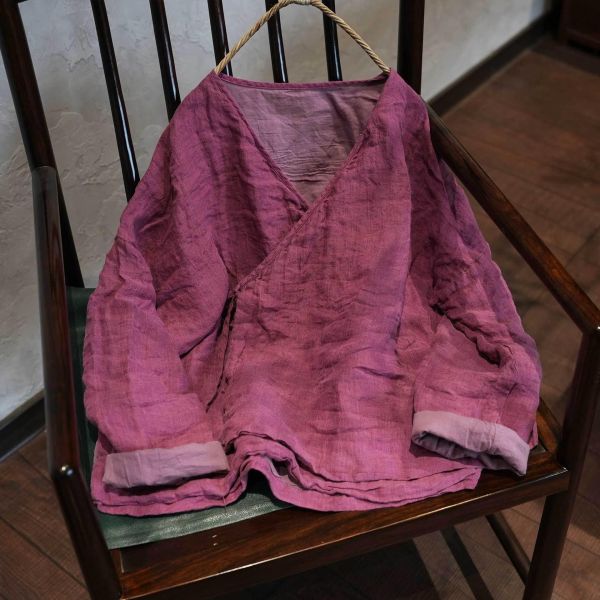 燕燕~春秋款 色織肌理感亞麻 傳統交領繫帶百搭襯衫 長袖上衣開襟衫 