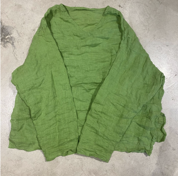 燕燕~夏季新款 文藝復古水洗做舊亞麻 v領套頭落肩小衫 上衣 