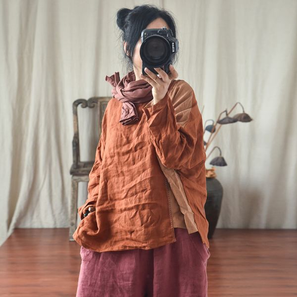 燕燕~春秋款 棉麻  文藝復古拼布 針跡繡線休閒圓領上衣 外套 