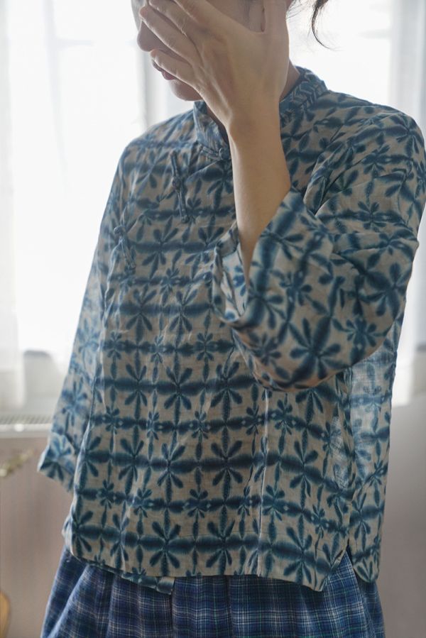 燕燕~綠復古斜襟禪意藍染印花襯衫 茶服上衣    ab2200501 