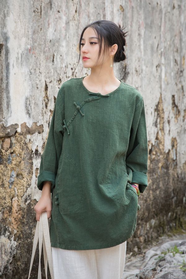燕燕~夏季新款 莧麻炒色上衣改良大尺碼茶服個性文藝範女長T恤 