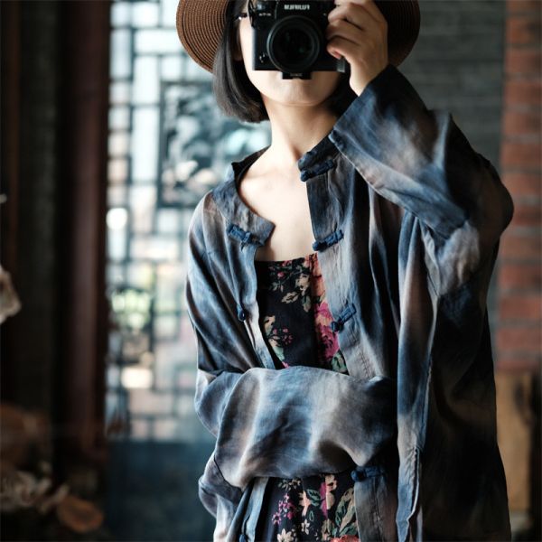 燕燕~秋冬新款 苧麻  寬鬆不對稱口袋長外套襯衫 上衣 外套。ab143501 