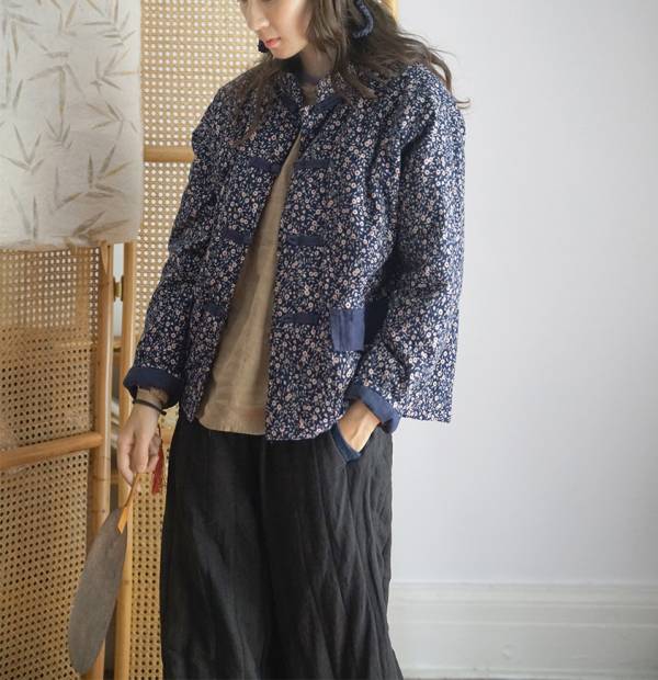 燕燕~棉麻商品~磨毛碎花款式 立領寬鬆保暖開襟加厚棉衣外套  ab2130801 