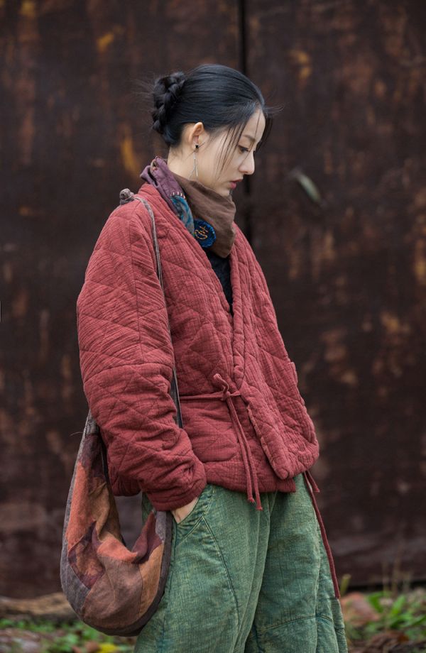 燕燕~秋冬新款  夾棉絎縫保暖棉服文藝隨性禪意風菱格女式短棉衣外套 