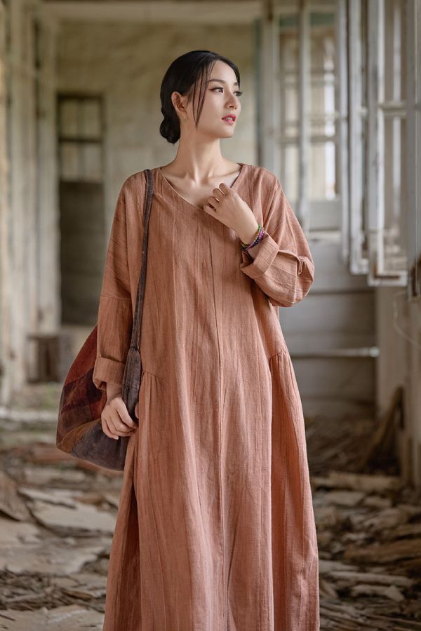 燕燕~秋冬新款 苧麻棉紮染洋裝連身裙 