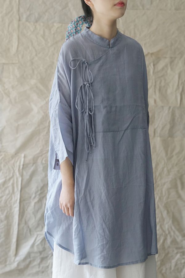 燕燕~棉麻商品~日系森林系  立領繫帶襯衫連身裙  1-19199 