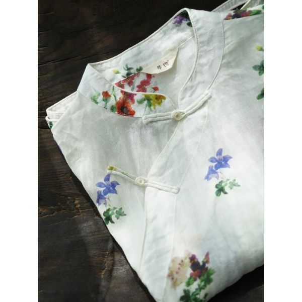 燕燕~夏季新款 立領斜襟苧扣襯衫 復古文藝短衫花朵印花茶服上衣 ab2508201 
