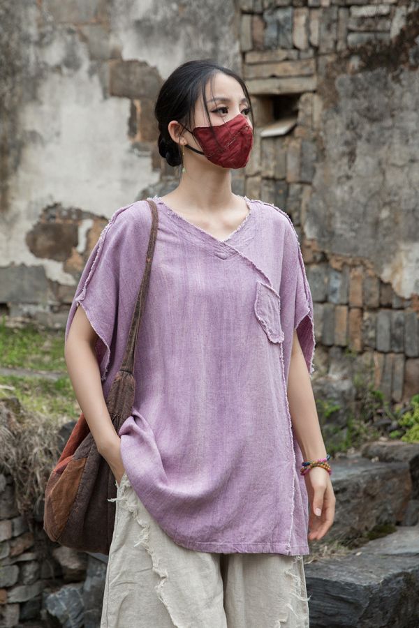 燕燕~夏季新款 亞麻染砂洗做舊磨毛 原創不規則上衣 T恤 
