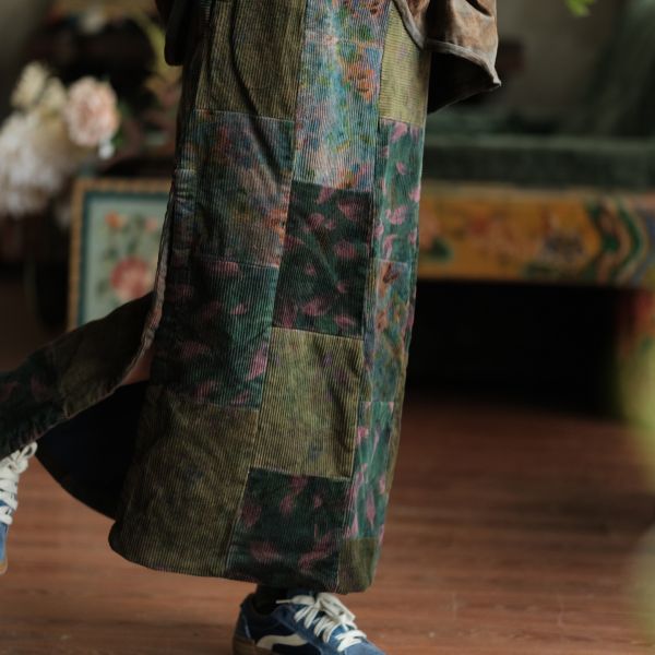 燕燕~復古文藝開叉古布拼接長裙 ab225201 