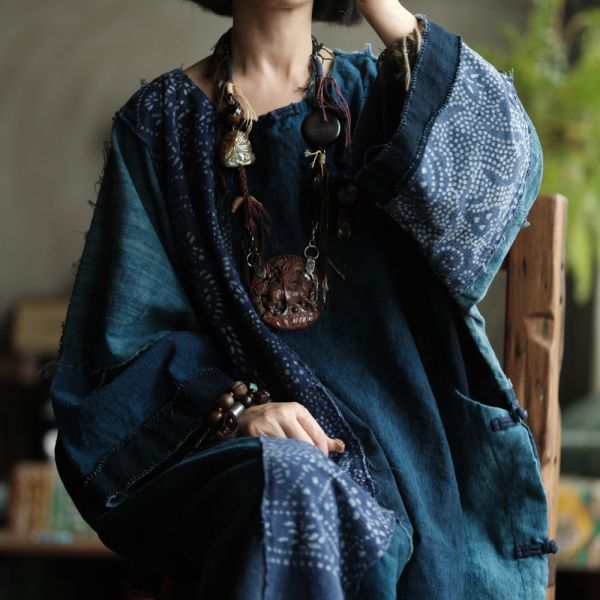 燕燕~(寬鬆版型）~復古文藝老古布拼接洋裝禪意袍子 連身裙。ab224301 (此件商品不退換） 