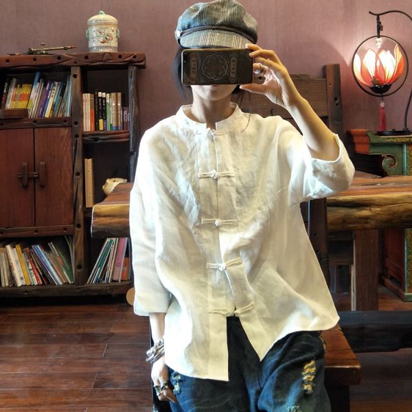 燕燕～純亞麻 砂洗純色文藝復古對襟襯衫上衣 薄外套 ab131101 