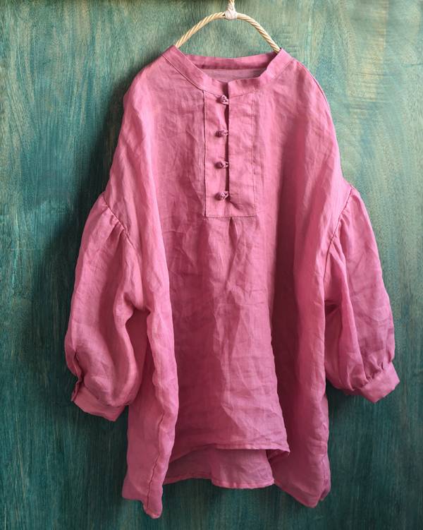 燕燕~棉麻商品~精細苧麻材質 盤扣七分袖襯衫寬鬆文藝泡泡袖上衣小衫 