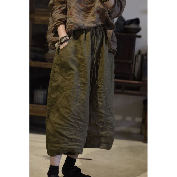 燕燕. 春夏 苧麻  寬筒休閒抽繩七分褲  闊腿褲 民俗風寬褲 