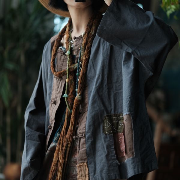 燕燕~亞麻~復古盤扣炒色做舊拼接長袖襯衫 上衣 外套 ab203301 