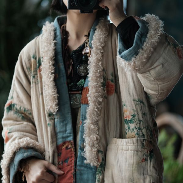 燕燕～復古文藝羊羔絨拼接印花寬鬆棉衣外套 ab226601 