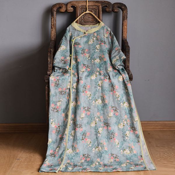 燕燕~棉麻商品 苧麻材質 數碼印花斜襟盤扣文藝開衩長旗袍 洋裝 連身裙  